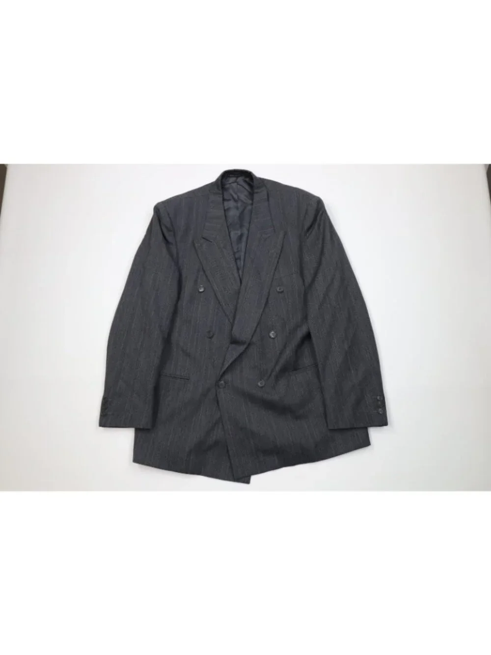 Vtg 80s 90s Mens 44R 2 Piece Wool Double Breasted Suit Striped Wide Leg 38x32